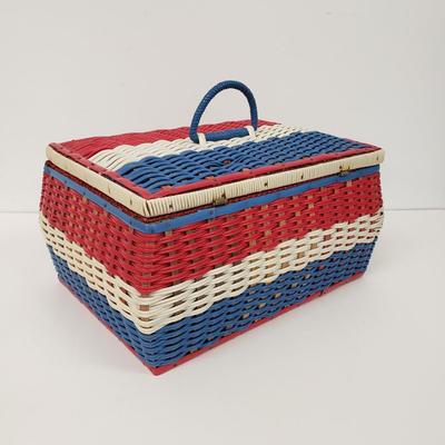 LOT 161: Framed Sunday Magazine Print with Prince Albert Tobacco Ad, Vintage Plastic Woven Sewing Box with Ladies Gloves & Lace Shawls