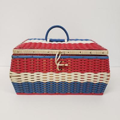 LOT 161: Framed Sunday Magazine Print with Prince Albert Tobacco Ad, Vintage Plastic Woven Sewing Box with Ladies Gloves & Lace Shawls