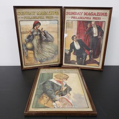 LOT 163: Framed Antique Sunday Magazine Covers with Various Advertisements