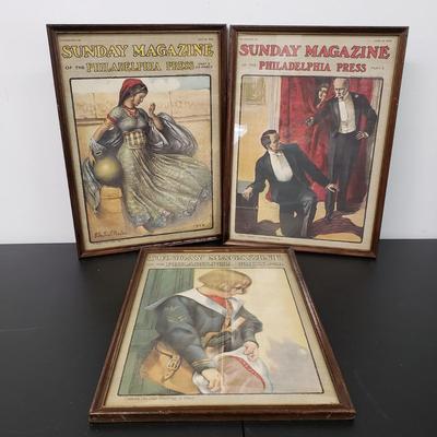 LOT 163: Framed Antique Sunday Magazine Covers with Various Advertisements