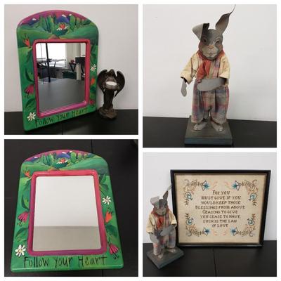 LOT 164: Sticks Signed "Follow Your Heart" Mirror, Folk Art Rabbit by Edna Young, "The Law of Love" Embroidery &...
