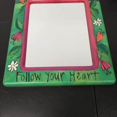 LOT 164: Sticks Signed "Follow Your Heart" Mirror, Folk Art Rabbit by Edna Young, "The Law of Love" Embroidery &...