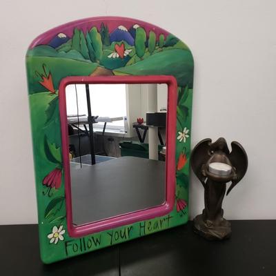 LOT 164: Sticks Signed "Follow Your Heart" Mirror, Folk Art Rabbit by Edna Young, "The Law of Love" Embroidery &...