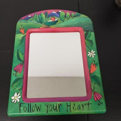 LOT 164: Sticks Signed "Follow Your Heart" Mirror, Folk Art Rabbit by Edna Young, "The Law of Love" Embroidery &...