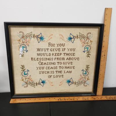 LOT 164: Sticks Signed "Follow Your Heart" Mirror, Folk Art Rabbit by Edna Young, "The Law of Love" Embroidery &...