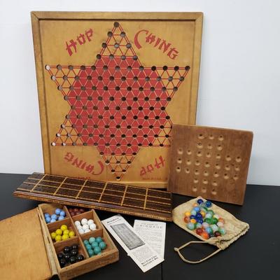 LOT 166: Vintage Chinese Checkers Boards with Marbles & Drueke Wooden Cribbage Set