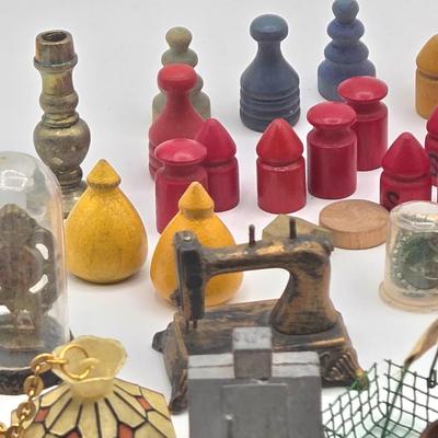 LOT 172J: Vintage Wooden Game Pieces, Miniature Doll Accessories, Plastic Charms, and More