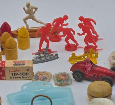 LOT 172J: Vintage Wooden Game Pieces, Miniature Doll Accessories, Plastic Charms, and More