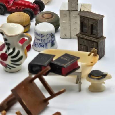 LOT 172J: Vintage Wooden Game Pieces, Miniature Doll Accessories, Plastic Charms, and More