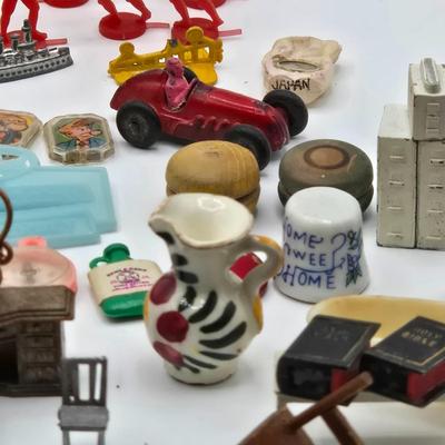 LOT 172J: Vintage Wooden Game Pieces, Miniature Doll Accessories, Plastic Charms, and More