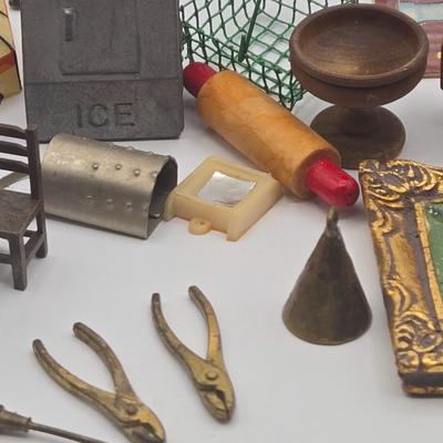 LOT 172J: Vintage Wooden Game Pieces, Miniature Doll Accessories, Plastic Charms, and More