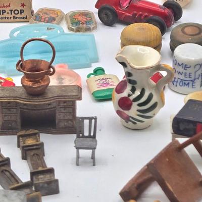LOT 172J: Vintage Wooden Game Pieces, Miniature Doll Accessories, Plastic Charms, and More