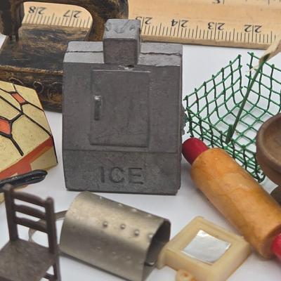 LOT 172J: Vintage Wooden Game Pieces, Miniature Doll Accessories, Plastic Charms, and More