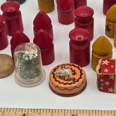 LOT 172J: Vintage Wooden Game Pieces, Miniature Doll Accessories, Plastic Charms, and More