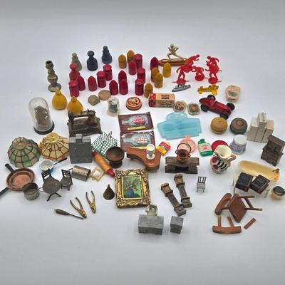 LOT 172J: Vintage Wooden Game Pieces, Miniature Doll Accessories, Plastic Charms, and More