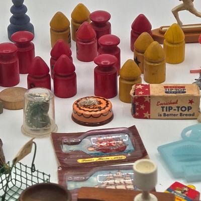 LOT 172J: Vintage Wooden Game Pieces, Miniature Doll Accessories, Plastic Charms, and More