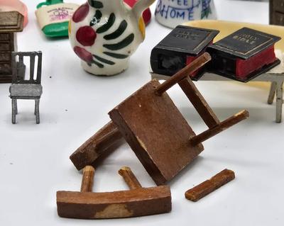 LOT 172J: Vintage Wooden Game Pieces, Miniature Doll Accessories, Plastic Charms, and More