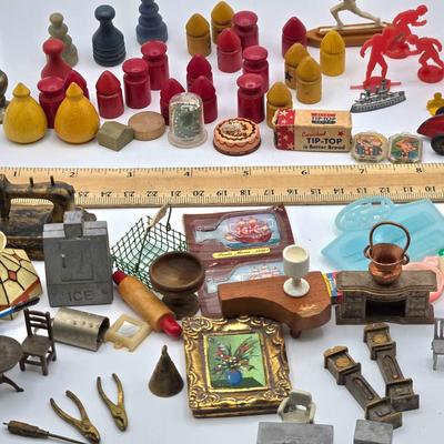 LOT 172J: Vintage Wooden Game Pieces, Miniature Doll Accessories, Plastic Charms, and More