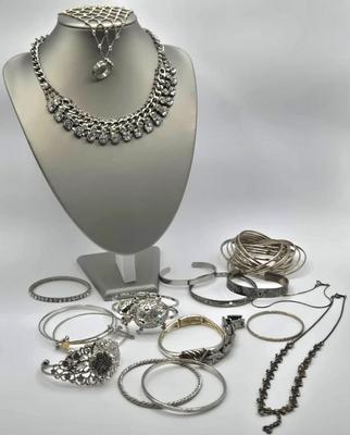 LOT 173J: Silver-tone Jewelry Including Rhinestone Turtle Clamper Bracelet, Bib Necklace, Multiple Bangle and Cuff Bracelets, and More