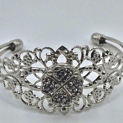 LOT 173J: Silver-tone Jewelry Including Rhinestone Turtle Clamper Bracelet, Bib Necklace, Multiple Bangle and Cuff Bracelets, and More
