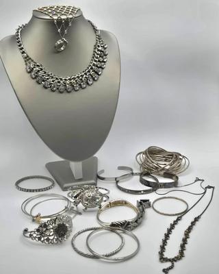 LOT 173J: Silver-tone Jewelry Including Rhinestone Turtle Clamper Bracelet, Bib Necklace, Multiple Bangle and Cuff Bracelets, and More