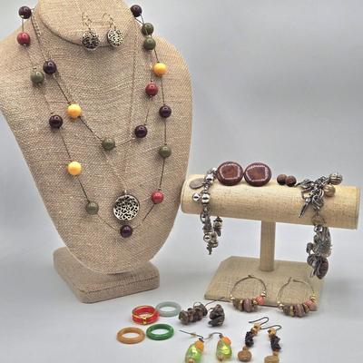 LOT 192J: Filigree 2 Tone Necklace with Matching Earrings, Multiple Pairs of Pierced Earrings, Charm Bracelets, and More