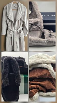 LOT 193: Berskshire Homeware Robe, 2 Pairs of Slippers, and Blanket