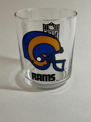 Sale Photo Thumbnail #124: Los Angeles Rams Cocktail Glass Blue Yellow Helmet NFL Football Logo 4" Tall, good condition.