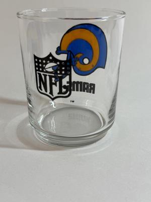 Sale Photo Thumbnail #125: Los Angeles Rams Cocktail Glass Blue Yellow Helmet NFL Football Logo 4" Tall, good condition.