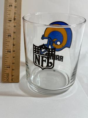 Sale Photo Thumbnail #126: Los Angeles Rams Cocktail Glass Blue Yellow Helmet NFL Football Logo 4" Tall, good condition.