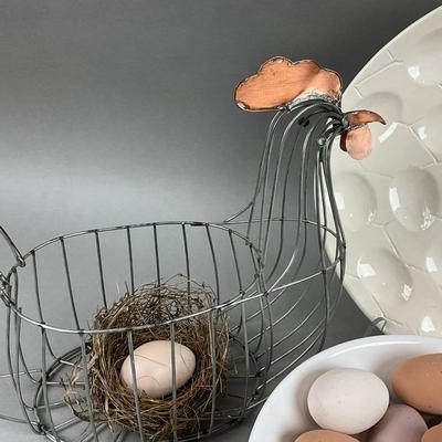K394 Wire Hen Basket With Wooden Eggs & Porcelain Bowl and Egg Plate