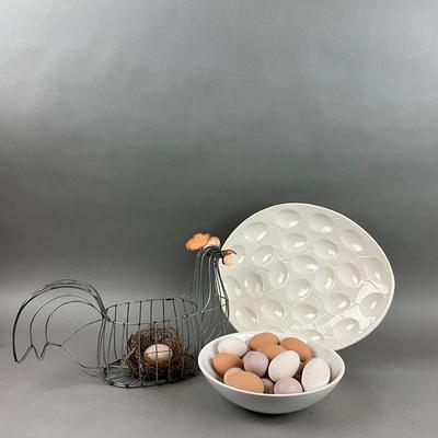 K394 Wire Hen Basket With Wooden Eggs & Porcelain Bowl and Egg Plate