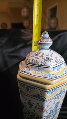 Hand-Painted Portuguese Faience Apothecary Jar for Nora Fenton — Signed “Dina” — Hexagonal Lidded Urn (14”)