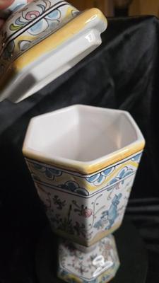 Hand-Painted Portuguese Faience Apothecary Jar for Nora Fenton — Signed “Dina” — Hexagonal Lidded Urn (14”)