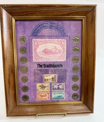 Sale Photo Thumbnail #313: The set includes 14 Buffalo Nickels, with seven displaying the Indian portrait on the front and seven showing the buffalo on the back; the set also incorporates five different US postage stamps related to the American West and conservation, issued between