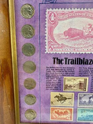 Sale Photo Thumbnail #314: The set includes 14 Buffalo Nickels, with seven displaying the Indian portrait on the front and seven showing the buffalo on the back; the set also incorporates five different US postage stamps related to the American West and conservation, issued between