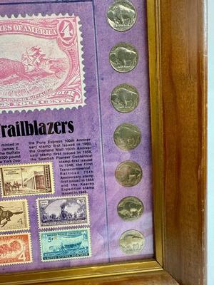 Sale Photo Thumbnail #315: The set includes 14 Buffalo Nickels, with seven displaying the Indian portrait on the front and seven showing the buffalo on the back; the set also incorporates five different US postage stamps related to the American West and conservation, issued between