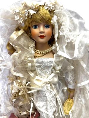 Sale Photo Thumbnail #125: Duck House Heirloom Wedding Gown Doll in Box Like New with Stand