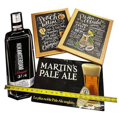 Sale Photo Thumbnail #175: Man Cave or Bar Display Items Lot of 4 - 2 hand painted canvas drink paintings, New Amsterdam metal wall hanging and cardboard Martin's Pale Ale advertisement.
