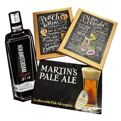 Sale Photo Thumbnail #177: Man Cave or Bar Display Items Lot of 4 - 2 hand painted canvas drink paintings, New Amsterdam metal wall hanging and cardboard Martin's Pale Ale advertisement.