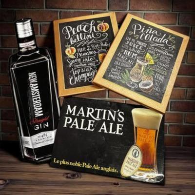 Sale Photo Thumbnail #185: Man Cave or Bar Display Items Lot of 4 - 2 hand painted canvas drink paintings, New Amsterdam metal wall hanging and cardboard Martin's Pale Ale advertisement.
