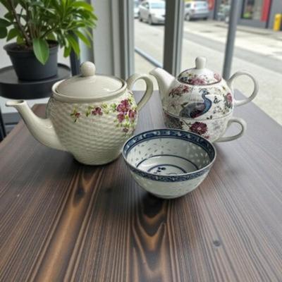 Sale Photo Thumbnail #257: Lot of 2 Ceramic Tea Pitchers and a Small Bowl