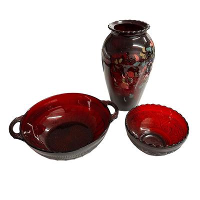 Sale Photo Thumbnail #258: Lot of 3 Red Glass Pieces- 2 Bowls & a Vase, no chips. Vase has artwork quite rubbed off the surface.