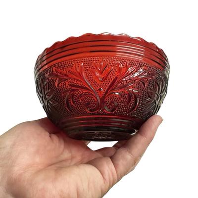 Sale Photo Thumbnail #267: Lot of 3 Red Glass Pieces- 2 Bowls & a Vase, no chips. Vase has artwork quite rubbed off the surface.