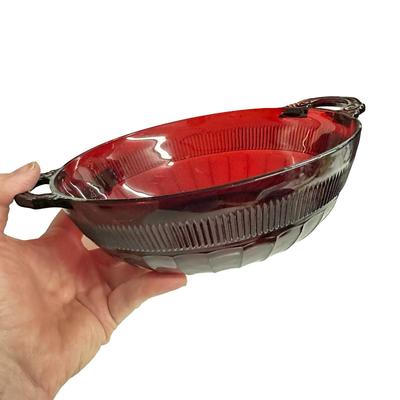 Sale Photo Thumbnail #265: Lot of 3 Red Glass Pieces- 2 Bowls & a Vase, no chips. Vase has artwork quite rubbed off the surface.