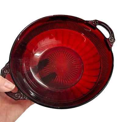 Sale Photo Thumbnail #266: Lot of 3 Red Glass Pieces- 2 Bowls & a Vase, no chips. Vase has artwork quite rubbed off the surface.