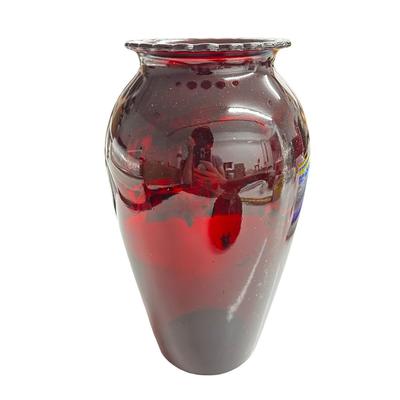 Sale Photo Thumbnail #262: Lot of 3 Red Glass Pieces- 2 Bowls & a Vase, no chips. Vase has artwork quite rubbed off the surface.