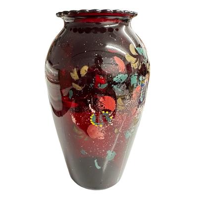 Sale Photo Thumbnail #264: Lot of 3 Red Glass Pieces- 2 Bowls & a Vase, no chips. Vase has artwork quite rubbed off the surface.