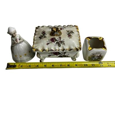 Sale Photo Thumbnail #281: Lot of 3 Vintage Ceramic Pieces- lady is a bell, container with lid, and ashtray
