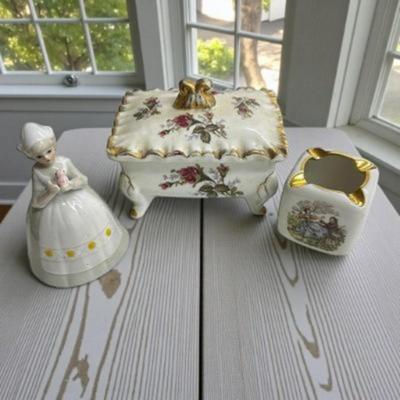 Sale Photo Thumbnail #293: Lot of 3 Vintage Ceramic Pieces- lady is a bell, container with lid, and ashtray